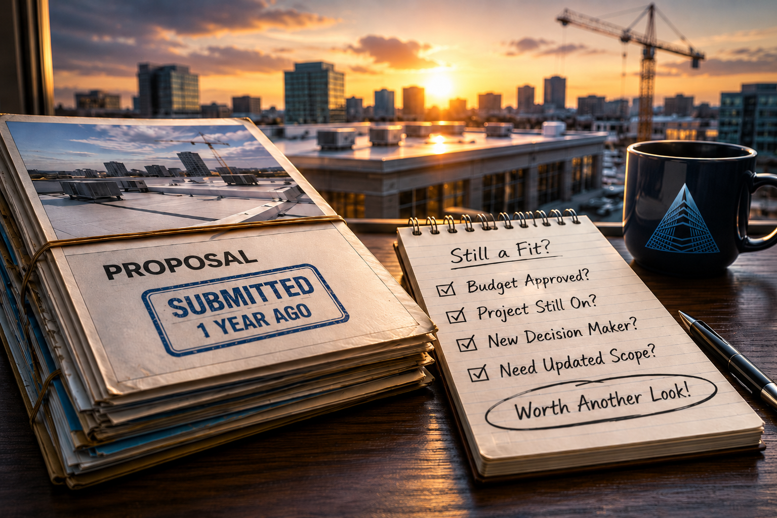 Stack of commercial roofing proposals stamped Submitted 1 Year Ago on a desk overlooking a city skyline at sunset with construction crane