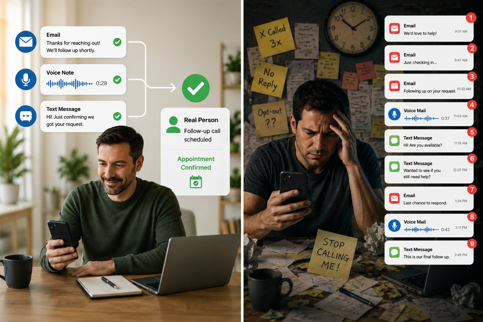 Split image comparing a calm homeowner receiving one coordinated follow-up on the left with an overwhelmed homeowner buried in nine uncoordinated emails, texts, and voicemails on the right